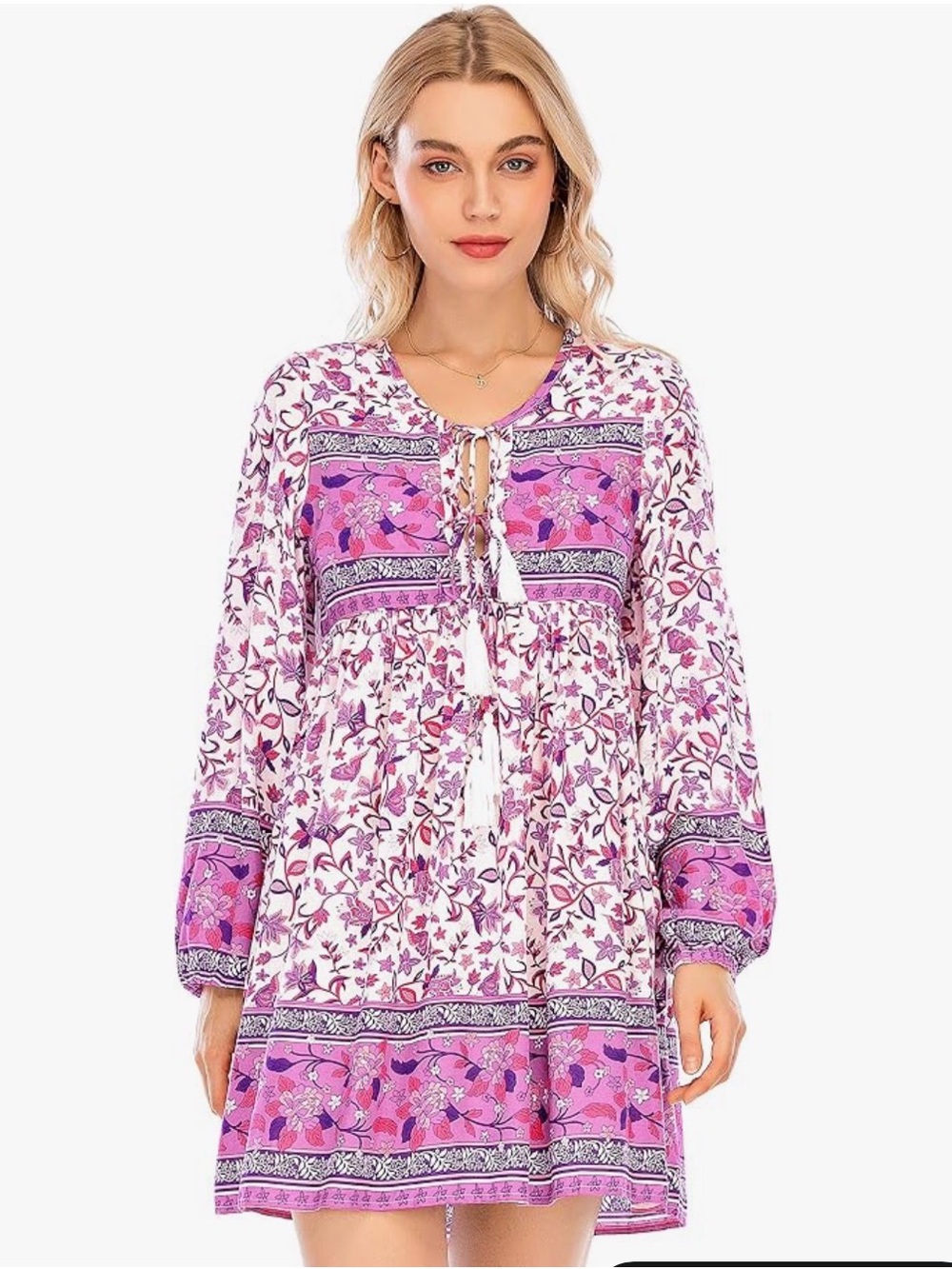 Amazon Women Dresses Long Sleeve Floral Boho Tunic Dress - Pink, White